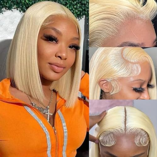 Blonde Bob Wig Human Hair Straight 613 Bob Wig Human Hair 12 Inch 180 Density 613 Blonde Suitable for All Hair Types 13x4 HD Transparent Lace Wigs for Women Glueless Wigs with Baby Hair