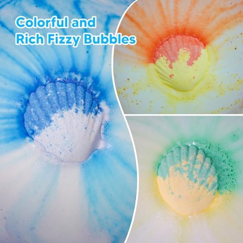 Kids Bath Bombs with Surprise Toys Inside, 12 Pack Shell Organic Bath Bombs for Kids with Ocean Sea Animals for Girls Boys Toddlers, Marine Shark Bath Bomb Gift for Easter Birthday Bubble Bath