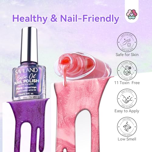SAVILAND Aurora Nail Polish Set - 12 Shimmer & Holographic Quick-Dry Non-Gel Polish (Glossy, Pearl, Duochrome) with Base & Top Nail Coat, Salon & DIY Essentials for Nail Art