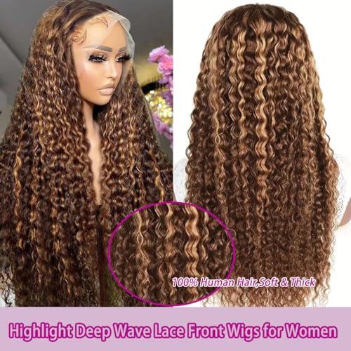 13x6 Highlight Deep Wave Lace Front Wigs Human Hair 210% Density Deep Curly Human Hair Wig Pre Plucked 28inch P4/27 Ombre HD Lace Frontal Wigs for Women