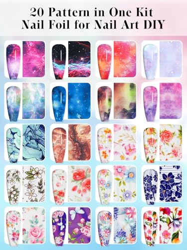 EBANKU Nail Foil Glue Gel, 20 Pcs Nail Art Foil with 30ML Nail Glue, Starry Sky Flower Stickers Transfer Foils Gels Polish Set for Art Salon or Home Use, No Nail Lamp Required