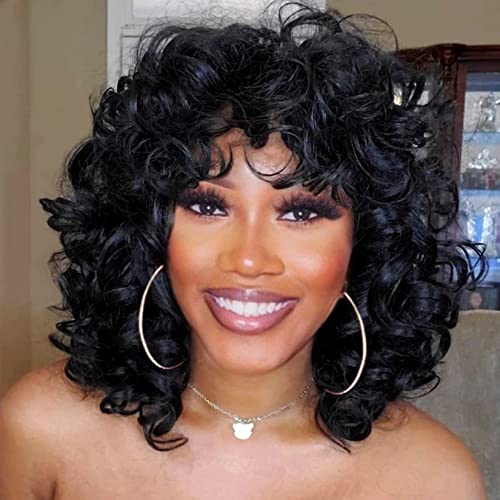 andromeda Curly Wigs for Black Women Soft Black Short Curly Wig with Bangs Afro Loose Curls Heat Resistant Synthetic Wig for African American Women (Black)