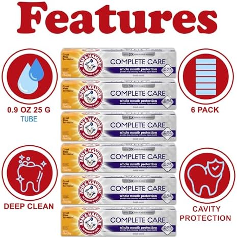 ARM & HAMMER Toothpaste Complete Care Whole Mouth Protection, 6 Pack, Fresh Mint, Anticavity Fluoride Toothpaste with Baking Soda, Whitening Enamel Strengthening Paste, Travel Size 0.9 Oz