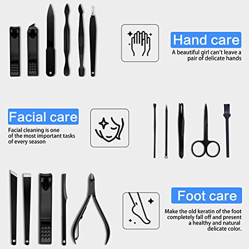 Manicure Kit Nail Clippers Set Stainless Steel Professional Pedicure Black 16 in 1 Grooming Kit Nail Scissors Cutter Ear Pick Tweezers Nose Hair Scissors Eyebrow for Man&Women gift (navy_16 in1)