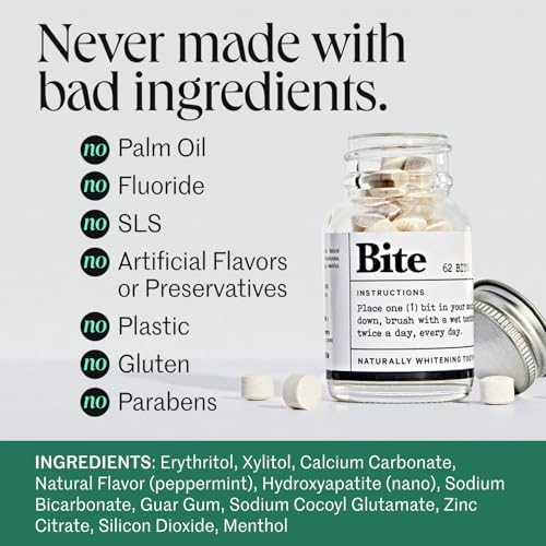 Bite Whitening Toothpaste Tablets – Nano Hydroxyapatite & Xylitol (Mint) | Sensitive Teeth Friendly | No Fluoride, Vegan, Cruelty-Free | Travel-Size | 2 Bottles (124 Bits) | Made in USA