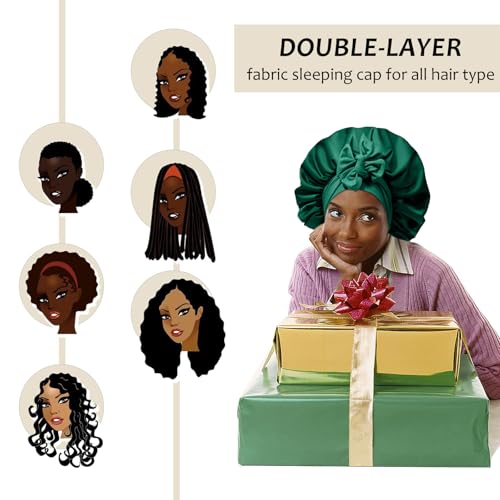 AWAYTR Satin Bonnet for Women Tie Band Hair Bonnet Large 2 Layered Silk Sleeping Cap Nightcap with 3PCS Hair Scrunchies (Green)