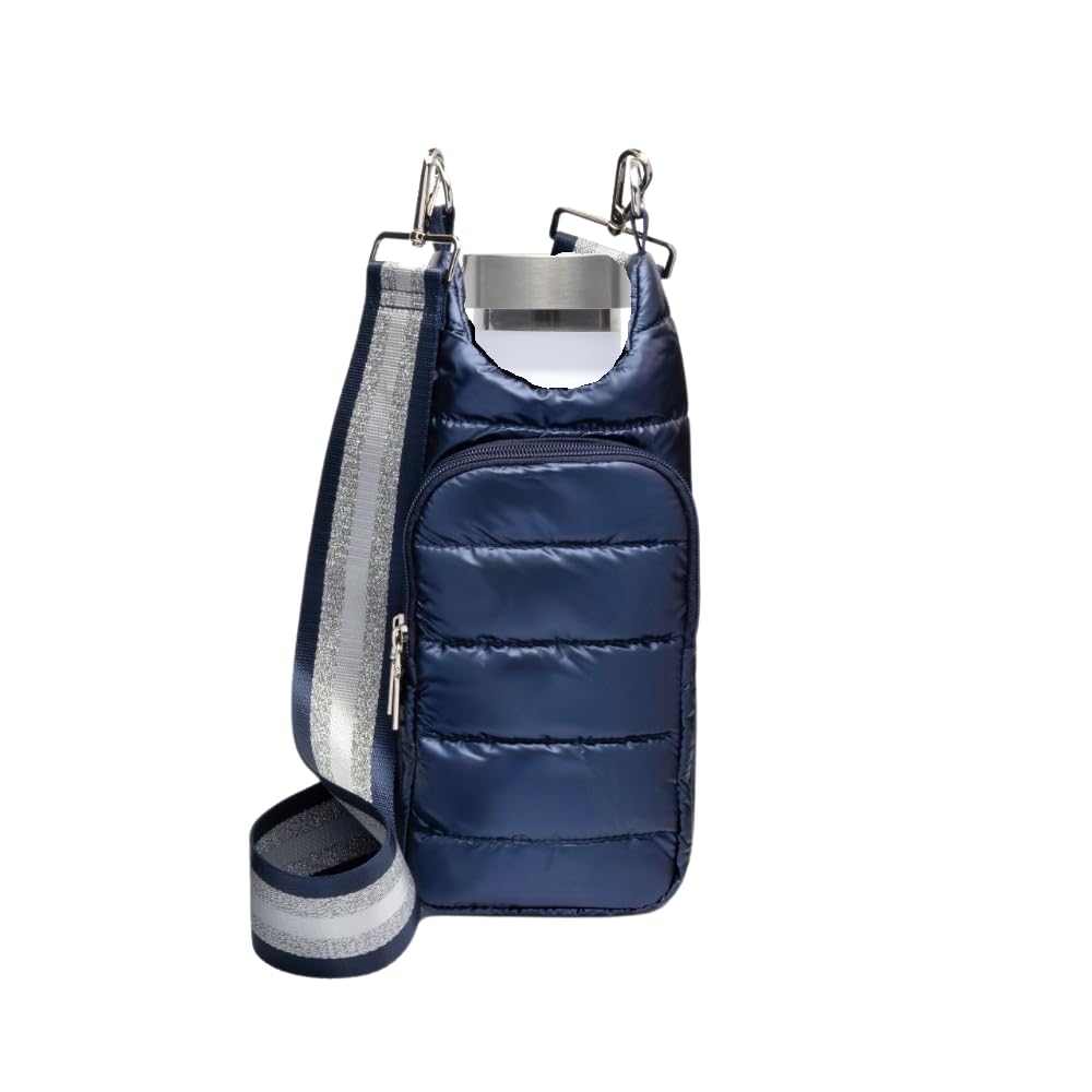 WanderFull Original Crossbody HydroBag | Quilted Water Bottle Carrier | Puffer Tote Tumbler Holder with Pockets for Purse, Phone & Accessories | Carry Travel Essentials (Navy/Patterned Strap)