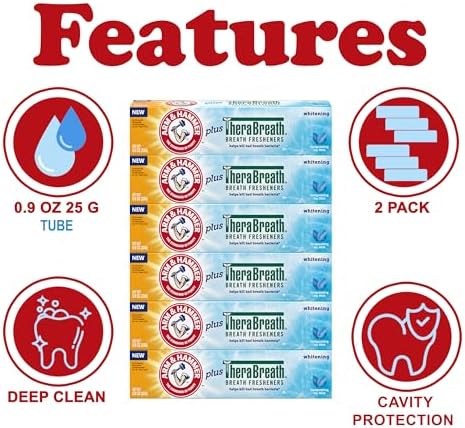 ARM & HAMMER Toothpaste Plus Thera, 6 Pack, ICY Mint, Anticavity Fluoride Toothpaste with Baking Soda, Whitening Enamel Strengthening Toothpaste, Travel Size 0.9 Oz