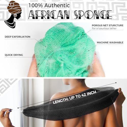 African Exfoliating Net Sponge Black - 2 Pieces Real African Loofah Shower Sponges - Body Scrubber Exfoliating Washcloth Black & Seawave - Africa Bath Sponges for Back Scrubber Shower Accessories