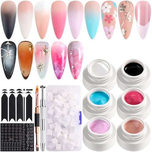 Ombre Gel Nail Polish Kit, 6PCS Colorful Painting Nail Gel Black White Pink Paint Gel for Nails Gradient Design Soak Off UV Pastel Nail Polish Set with Ombre Sponge Nail Brush French Tip Guide