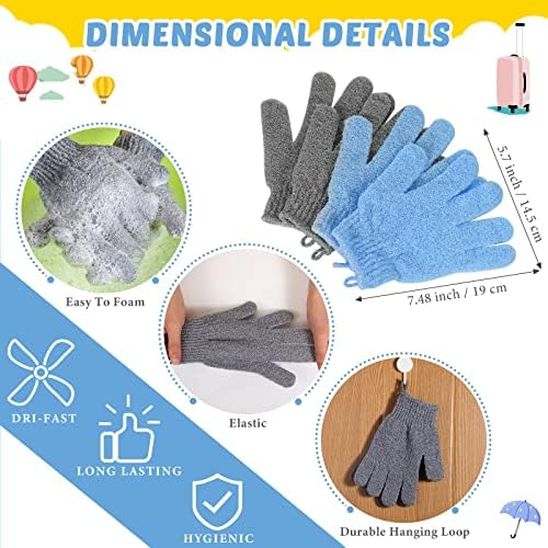 4 Pack Exfoliating Washcloth Back Scrubber Set, 2 Exfoliating Body Scrubber Nylon Back Body Scrub Towel, 2 Pairs Shower Gloves for Women Men Bath Shower Exfoliation(Gray, Blue)