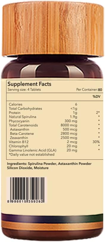 Ayurvedic Spiruliva Pills with Astaxanthin - Non-GMO, Rich in Vegan Protein, Vitamins & Prebiotics - 100% Vegan Ayurveda Supplement - 80 Tablets