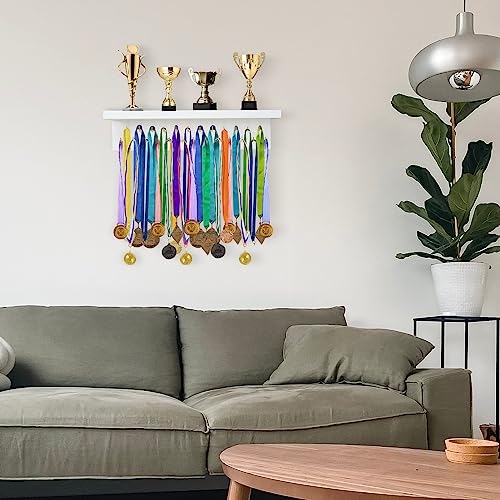 DSVENROLY Medal Holder Display Trophy Shelf Organizer,Sturdy Wooden Medal Trophy Hanger Rack with 25 Steel Hooks, Wall Mount Medal Hanger for Race Medals Trophies Easy to Install(Brown)