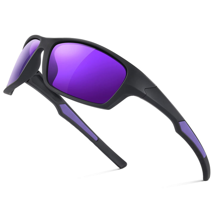 Fanshen Sports Polarized Sunglasses Men - Wrap Around Mens Sunglasses for Mens Womens Cycling Running UV Protection (Matte Black/Purple)