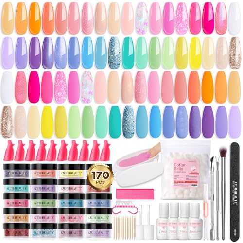 AZUREBEAUTY 170Pcs Dip Powder Nail Kit Starter, 36 Colors Pastel Pink Purple Blue Yellow Dip Powder Liquid Set Spring Summer with Top/Base coat Activator for French Nails Art Gifts