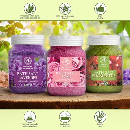 Bath Salts Set 42 Oz - Lavender - Rose - Eucalyptus - 100% Bath Salts - Lavanda Rosa Eucalitpus Salt - Best for Good Sleep - Stress Relief - Bathing - Body Care - Beauty - Relaxation - Spa