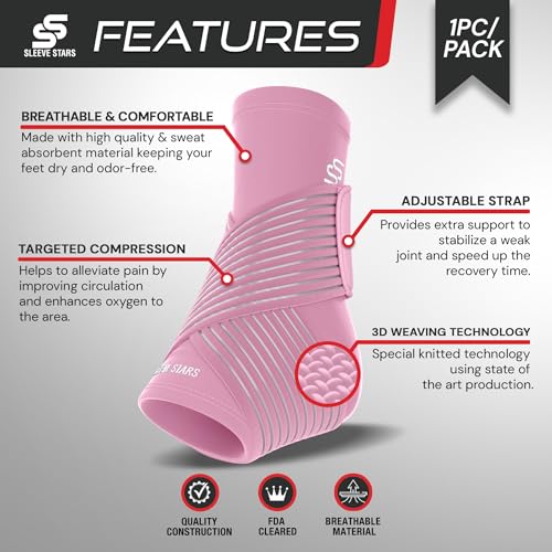 Sleeve Stars Ankle Support for Ligament Damage & Sprained Ankle, Plantar Fasciitis Support & Achilles Tendonitis Pain Relief, Ankle Brace for Women & Men with Compression Ankle Strap (Pair/Baby Pink)