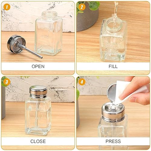 2 Pcs 6 Oz/ 180 ml Clear Pump Dispenser Bottle with Metal Flip Cover Glass Nail Polish Remover Push Down Dispenser Bottle Refillable Push Down Pump Dispenser Press Container for Makeup Remover