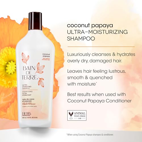 Bain de Terre Coconut Papaya Ultra Hydrating Shampoo, Moisture Quench for Dry, Damaged Hair, with Argan & Monoi Oils, Paraben-Free, Color-Safe, Vegan