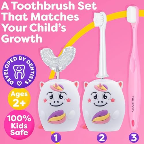 Trueocity Kids U Shape Toothbrush Auto Electric Toddler Rechargeable Kids Automatic Toothbrush | 360° U-Shaped Silicone Brush Head | Gentle Cleaning for Ages 2–7 | Unicorn Design (Pink)