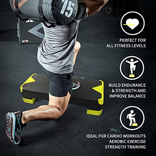 SPART Adjustable Workout Aerobic Stepper, Aerobic Exercise Step Platform with 4 Risers, 3 Levels Adjust 4" - 6" - 8", 26.77" Trainer Stepper with Non-Slip Surface For Home Gym, Black-Fluorescent Green