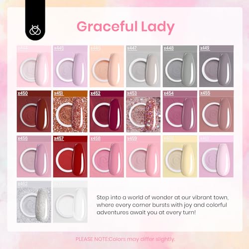 Beetles 36Pcs Dip Powder Nail Kit Starter, 20 Colors Nude Pink Yellow Gray Glitter Burgundy Dipping Powder Set with Base Top Coat Activator Brush Saver for Nail Art Manicure Graceful Lady Collection