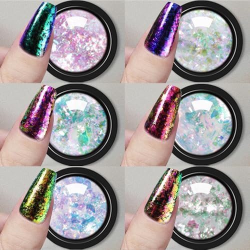 Mirror Chrome Nail Powder Set, 40 Colors Unicorn Iridescent Holographic Chrome Powder, Metallic Gold Silver Red Blue Green Black Purple Brown Chrome Pigment Nail Art Glitter Chameleon Flakes Sequins