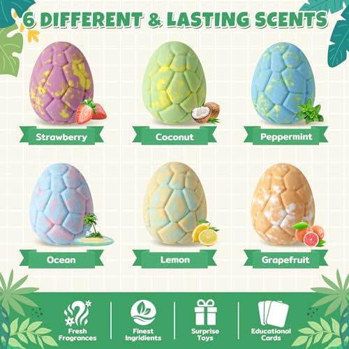 Dino Egg Bath Bombs for Kids with Surprise Inside, 6 Packs Dinosaur Bath Toys Set for Boys,Girls, Bubble Fizzies, Educational Birthday & Christmas Gift Ideas