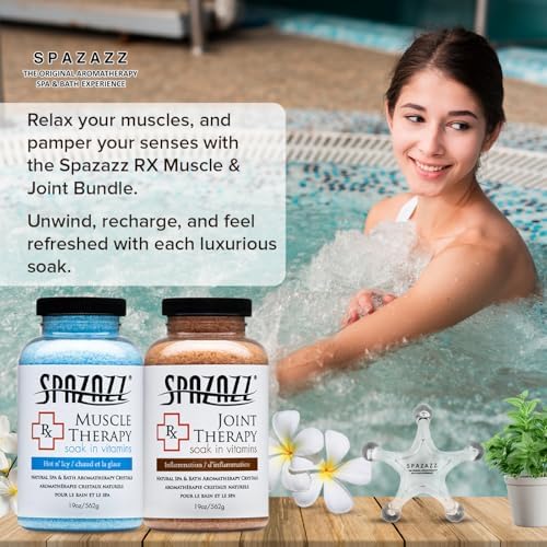 Spazazz Hot Tub Aromatherapy Spa and Bath Salts Crystals 2 Pack Bundle- One 19 Oz Jar Each Spazazz Muscle Therapy and Joint Therapy Plus a 5 Point Massager- Safe for All Spa and Hot Tub