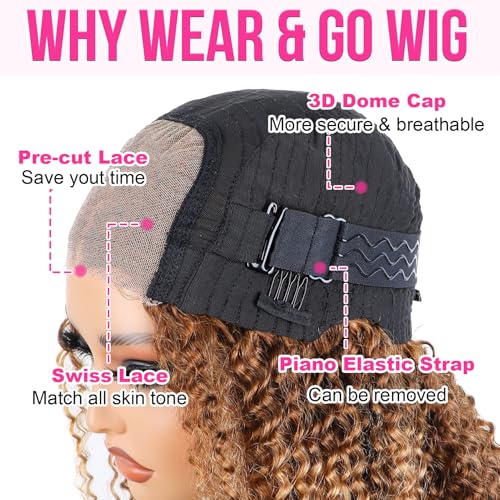 14 Inch Highlight Blonde Wear and Go Glueless Curly Bob Wig Human Hair Pre Plucked, Glueless Pre cut HD Lace Front Wigs Human Hair,Water Wave No Glue wigs, Natural Hairline for Women 200% Density