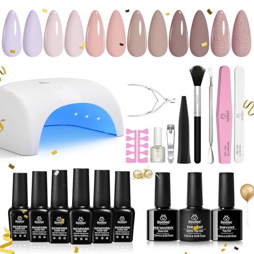 Beetles Gel Nail Polish Kit with Uv Light Base Gel Top Coat, 6 Colors Nude Neutral Nail Polish Starter Kit, Soak off Led Set DIY Manicure Home Nail Essentials Gift for Girls Women