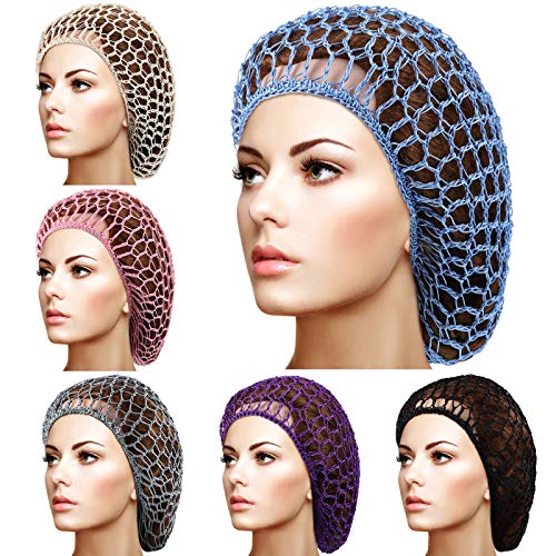 6 Pieces Hair Net Snoods for Women Sleeping Mesh Soft Rayon Knit Crochet Hairnet Long Short Curls Hair Cover Accessory (Black, Blue, Pink, Purple, Gray, Khaki)