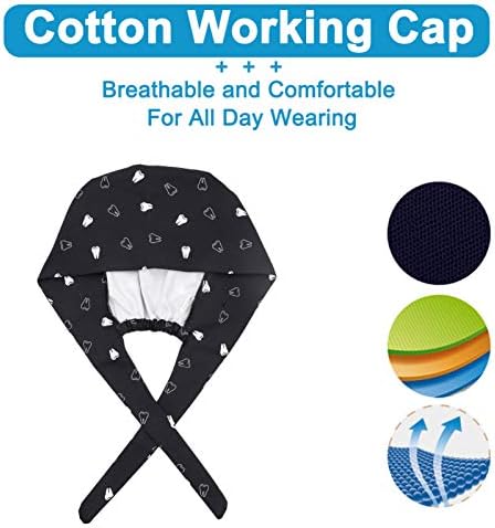 3PCS Cute Teeth Working Cap with Button, Women Men Breathable Lace Up Sweatband Work Hat Hair Cover