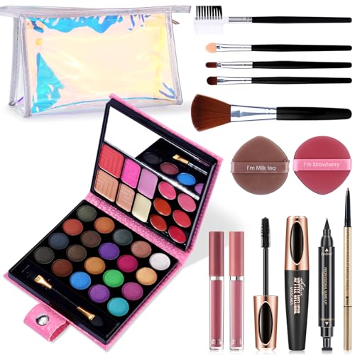 Makeup Set for Women Full Kit - 32 Colors Makeup Palette,5pcs Brushes Set, Mascara & Stamp Liquid Eyeliner, Eyebrow Pen, 2pcs Matte Liquid Lipsticks, 2 Powder Puff, 1 Cosmetic Bag Makeup Gift Set