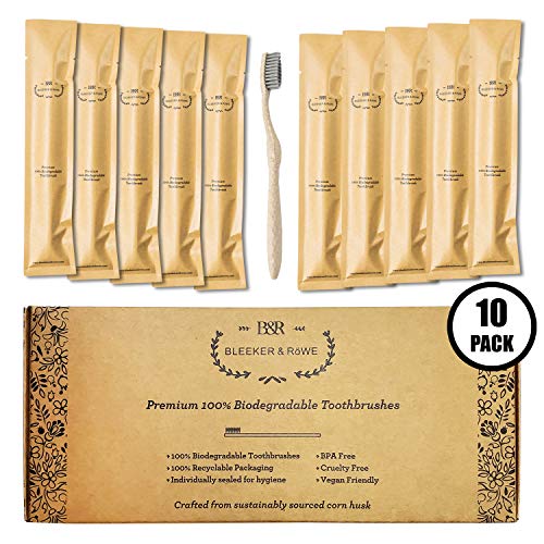 Bleeker and Rowe Biodegradable Eco-Friendly Toothbrushes - Individually Sealed - BPA Free Soft Bristles - Sustainable - Recycled Packaging (Pack of 10)