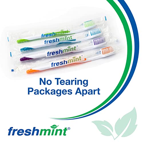 FRESHMINT Individually Wrapped Bulk Premium Toothbrushes (144 Pack), Oversized Easy Grip Rubber Handle, Soft Multi Color Nylon Bristles, Perfect for Travel, Hotel, Donation
