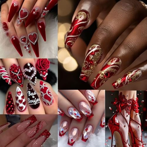 12 Types of Red 600 Diamonds + 2500 Flat Rhinestones Mix 20 Styles Flatback DIY Crafts Rhinestone Crystals 3D Decorations Flat Back Stones Set + Rhinestone Picker Wax Pen