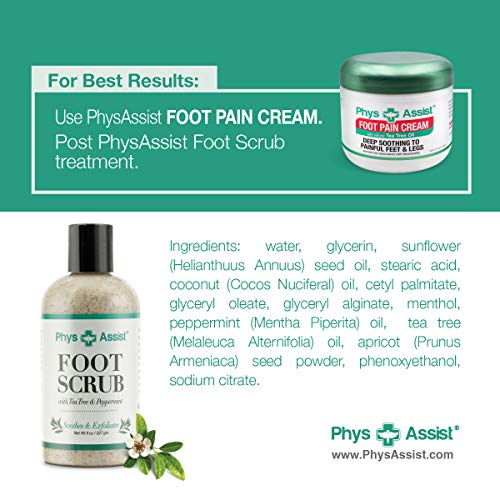 PhysAssist Foot Scrub 8 oz. with Tea Tree, Peppermint Soothes and Exfoliates Promoting a Deep Cooling Sensation Leaving Feet Feeling Calm and Refreshed.
