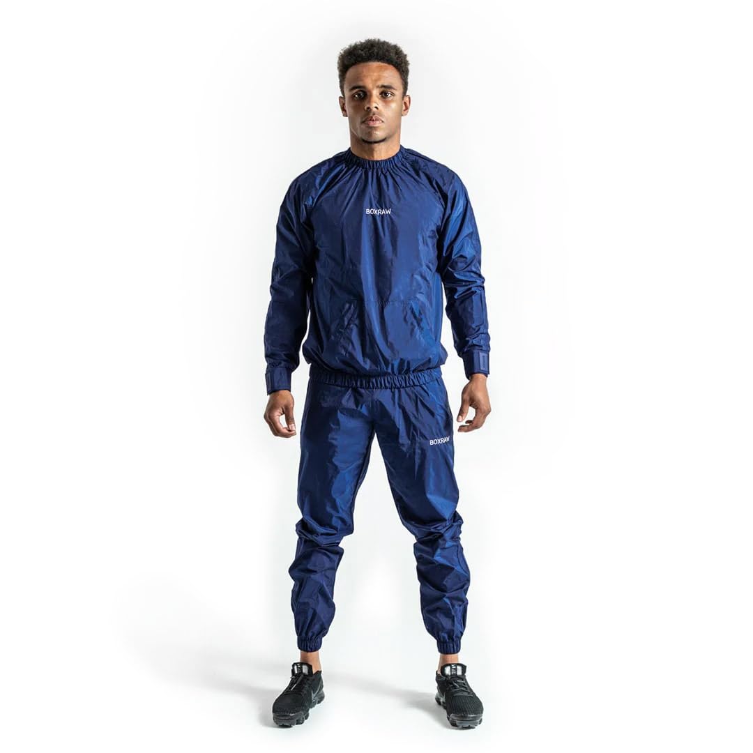 BOXRAW Hagler Professional Sauna Suit 1.0 Top & Bottoms Non Rip Sweat Suit Boxing MMA Training Gym (Navy - 2XL)