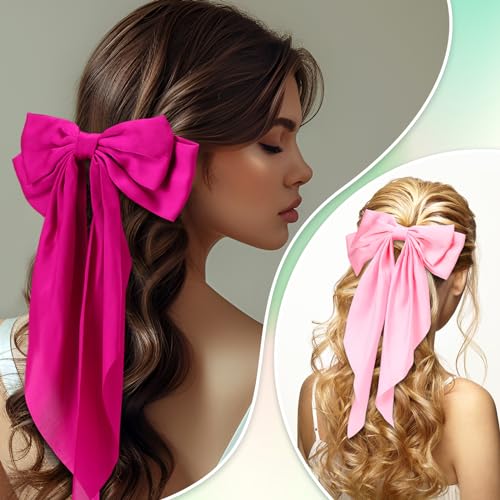 25 Pcs Satin Hair Bows Bulk Silky Big Hair Bows for Women Oversized Long Tail Ribbons Large Knot Clips Barrettes for Holiday Gifts(Plain)