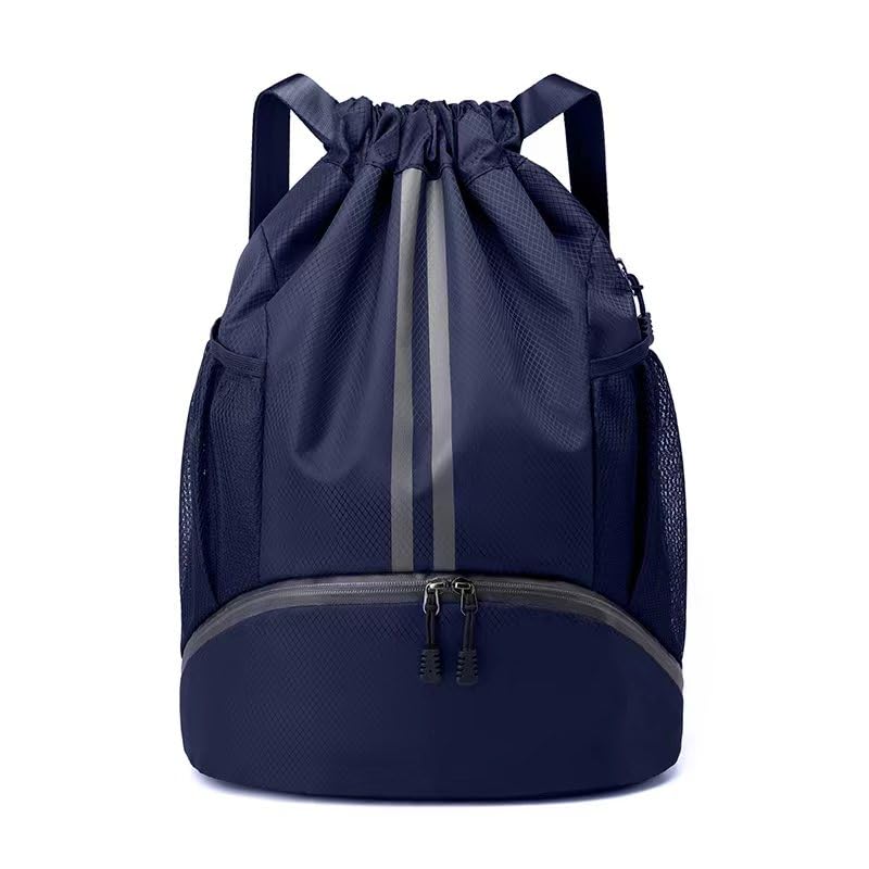 LOKAPEGY Drawstring Gym Bag for Men, Waterproof Drawstring Backpack for Women, Swim Bag with Shoes Compartment, Pull String Sport Bag for Soccer and Basketball. (Dark Blue)