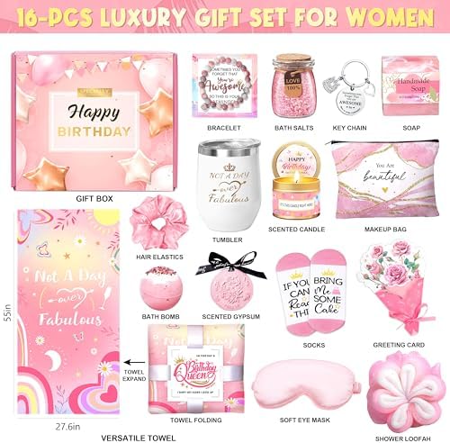 Birthday Gifts for Women, Happy Birthday Gifts Basket for Women Self Care Gift Get Well Soon Gifts, Rose Relaxing Spa Gift Basket with Beach Towel, Woman Birthday Gift for Sister Coworker Her Bestie