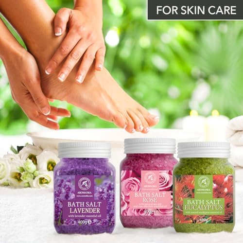 Bath Salts Set 42 Oz - Lavender - Rose - Eucalyptus - 100% Bath Salts - Lavanda Rosa Eucalitpus Salt - Best for Good Sleep - Stress Relief - Bathing - Body Care - Beauty - Relaxation - Spa