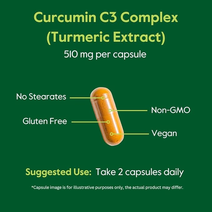 BESTVITE Curcumin 510mg (Turmeric)(120 Vegetarian Capsules) with Curcumin C3 Complex & Bioperine - Standardized to 95% Curcuminoids - No Stearates - Vegan - Non GMO - Gluten Free
