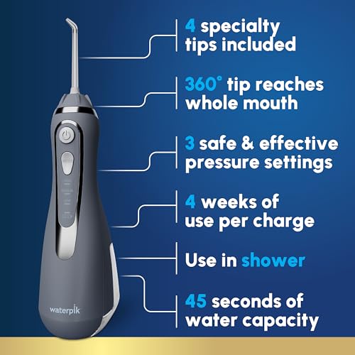 Waterpik Cordless Advanced 2.0 Water Flosser For Teeth, Gums, Braces, Dental Care With Travel Bag and 4 Tips, ADA Accepted, Rechargeable, Portable, and Waterproof, Gray WP-587, Packaging May Vary