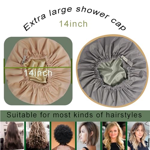 2Pcs Genergy Shower Cap for Women, Adjustable, Large& Reusable &Satin Lined Shower Cap Waterproof Washable &Double Layers &Reversible (Litht grey+Apricot)