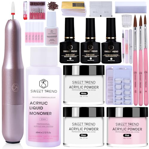 Acrylic Nail Kit with Drill: 20g Clear White Pink Acrylic Powder and Liquid Beginners Set - Professional Brushes Nail Tips Nail Supplies - Full Tools Extensions Starter for Women Home & Salon