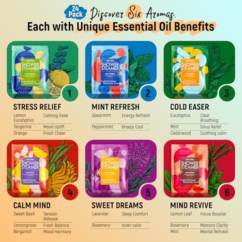 Aromatherapy & Sport Shower Steamers – 24 Pack Shower Bombs with 6 Scents, 100% Pure Essential Oils, Refreshing & Relaxing, Spa & Birthday Gifts for Women, Ideal Summer Self-Care & Father’s Day Gift