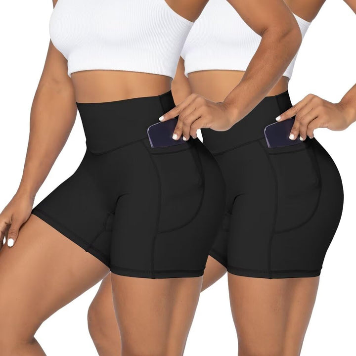 Sunzel Women's Biker Shorts in High Waist Tummy Control with Deep Pockets 5" Black+Black (2 Pack) X-Small
