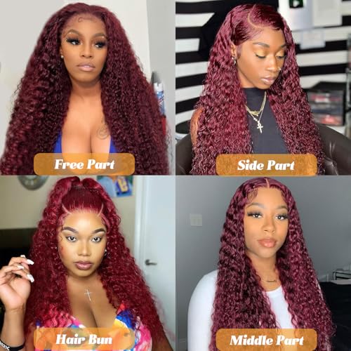 99j Burgundy Lace Front Wigs Human Hair 28 Inch Deep Wave Lace Front Wigs Human Hair Pre Plucked Red Curly Human Hair Wig 13x4 HD Colored Frontal Glueless Wet and Wavy Loose Deep Wave